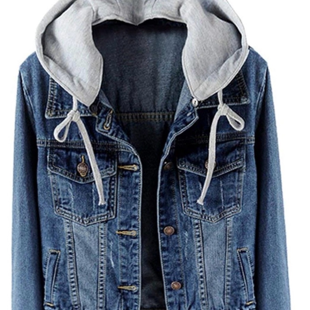 Denim Jacket with removable Gray Hood - Light Blue Jean Jacket